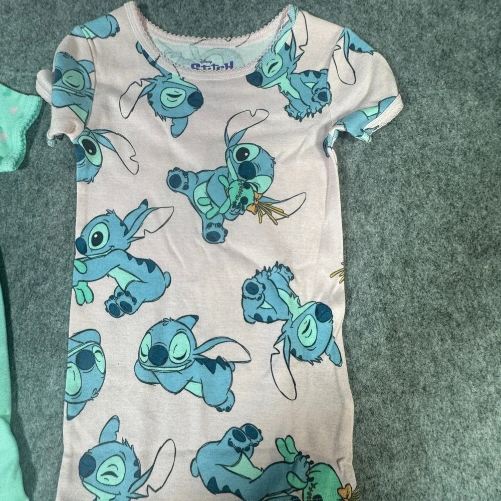 Disney Lilo & Stitch Girls 4 Piece Pajama Set Size 5 Mint Pink Cotton Snug Fit